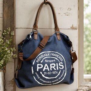 NWT Gorgeous PARIS, Blue Denim Canvas Graphic Convertible Crossbody Shoulder Bag